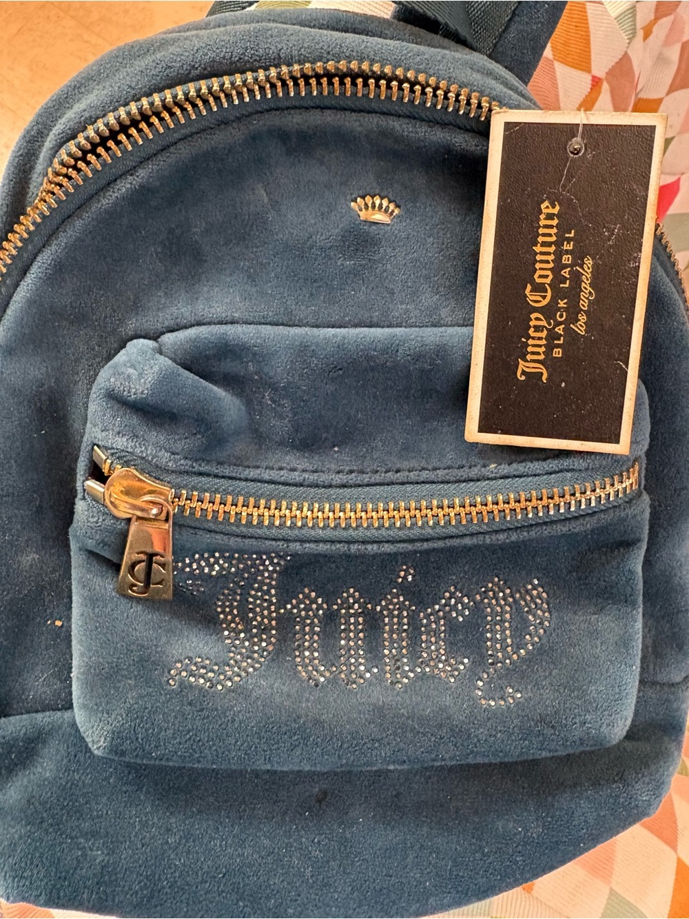 Juicy Couture Blue Velvet Mini Backpack with Rhinestone Logo NWT